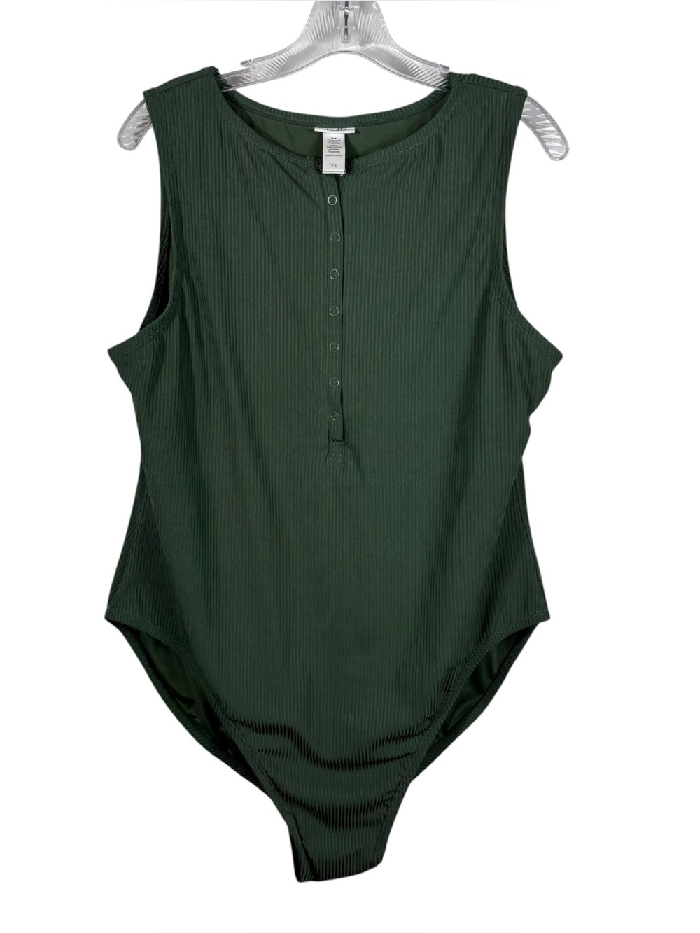 Andie The Malibu One Piece Ribbed Green Snap Button Plus Size Swimsuit 2X Modest